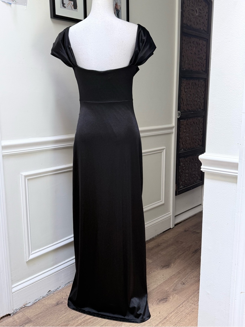 Popilush Metallic Shapewear Maxi Dress Off Shoulder Ruched High Slit Black L - Picture 9 of 16